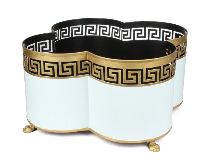 Pale Blue & Gold Greek Key Boarder Quatrefoil Planter - The Mayfair Hall