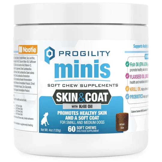 Progility Skin & Coat w Krill Oil Supplement (soft chews) for Dogs- Mini 60