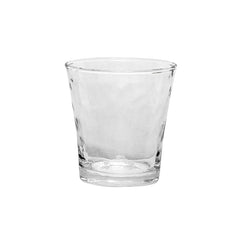 The Puro Glassware tumbler by Juliska features a clear, textured design with a flared rim and is dishwasher safe for easy cleaning—shown empty against a white background.