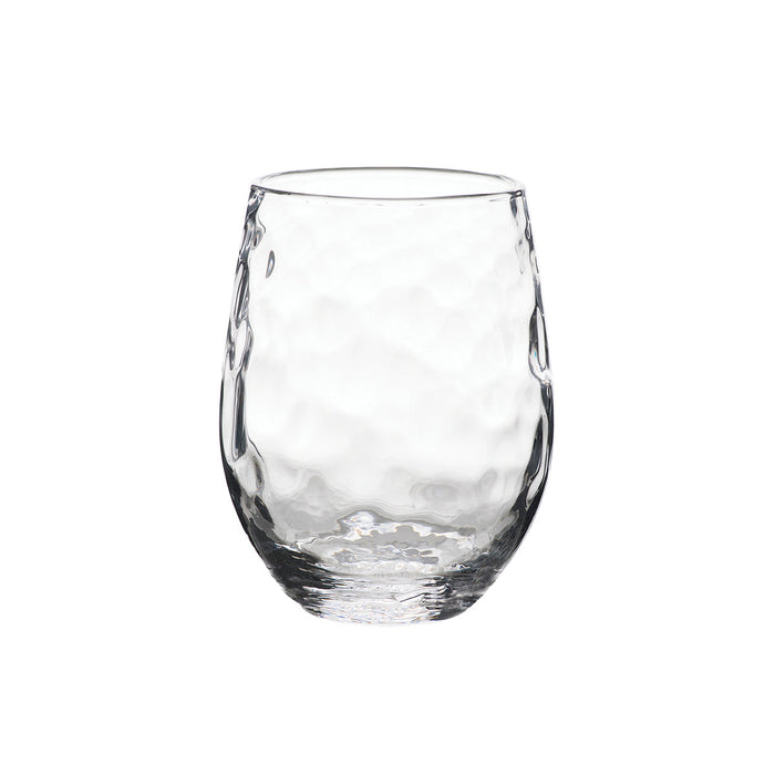 The Juliska Puro Glassware tumbler features a rounded shape and textured, dimpled surface. Shown empty against a white background, it is dishwasher safe for easy cleaning.