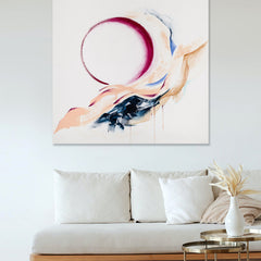 The artwork 'Red Sun' by W Lu features a striking crimson circular form floating above fluid, abstract brushstrokes in peach and navy blue tones. The composition on white canvas creates a dynamic movement through sweeping gestural marks, with watercolor-like effects and gentle color transitions. The 50x52 inch acrylic painting combines minimalist and expressionist styles. By W Lu.