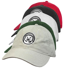 Five baseball caps in different colors with a bear logo on a white background
