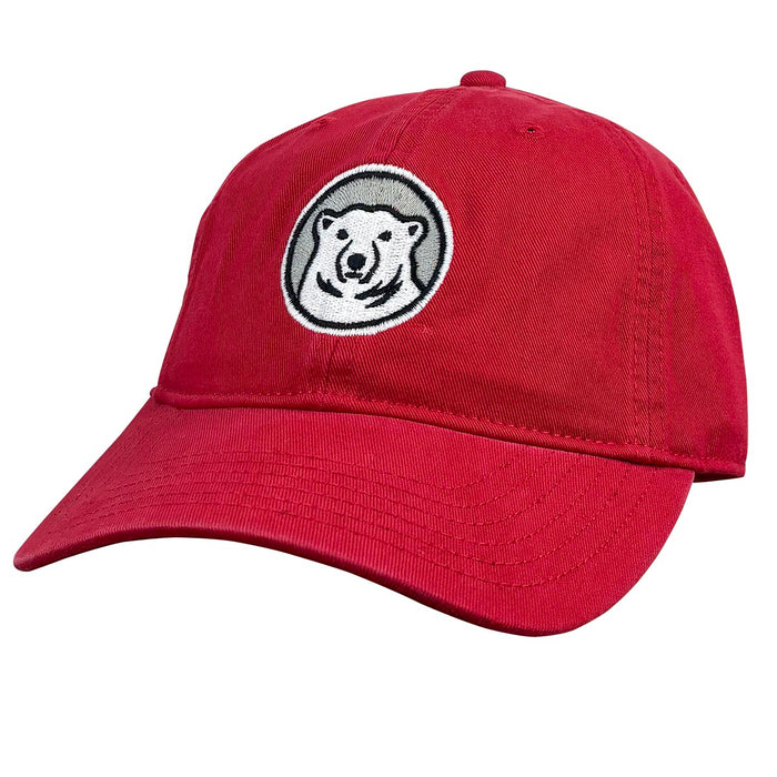 Red cap with a bear logo on a white background