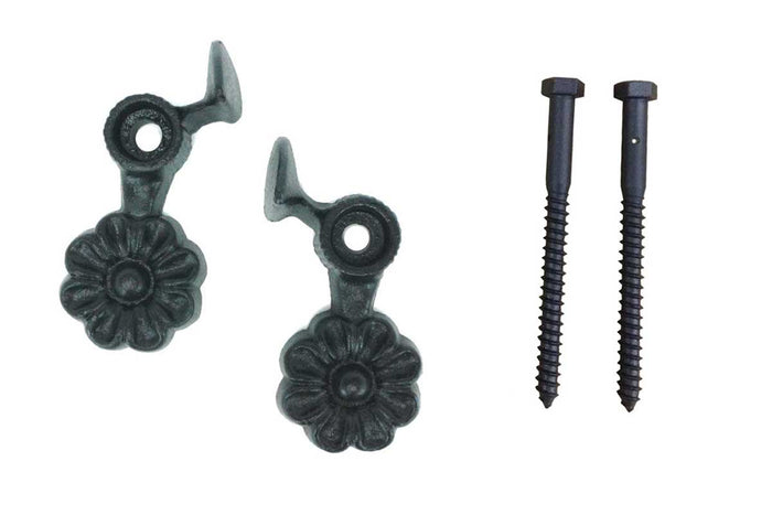 Shutter Dogs Tiebacks - Flower with Lag - 4-1/2 Inch - Black Powder Coat