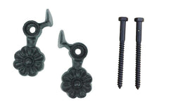 Shutter Dogs Tiebacks - Flower with Lag - 4-1/2 Inch - Black Powder Coat