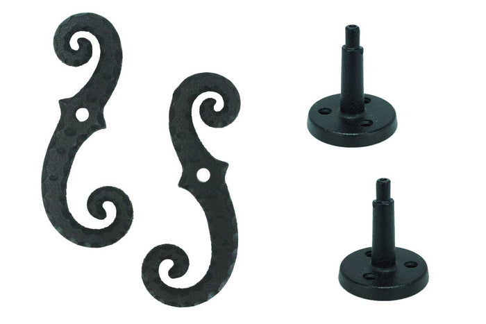 Shutter Dogs Tiebacks - Scroll with Post, 6-3/4 Inch, Black Powder Coat