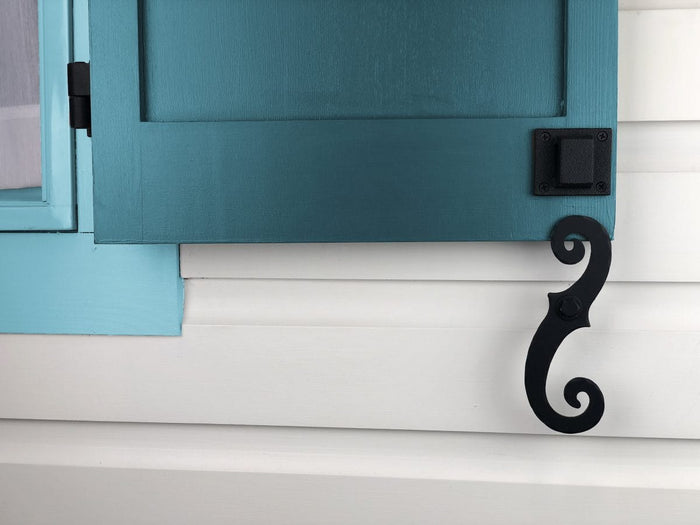 Shutter Dogs Tiebacks - Steel Scroll with Lag, 6-34 Inch, Black Textured Powder Coat