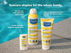 Mustela USA | Three Mustela SPF 50 mineral sunscreen products displayed by a pool: a sunscreen stick (travel-friendly, targeted application), a spray (on-the-go, fast and easy application), and a lotion for face and body (emollient texture). Tagline: Suncare staples for the whole family