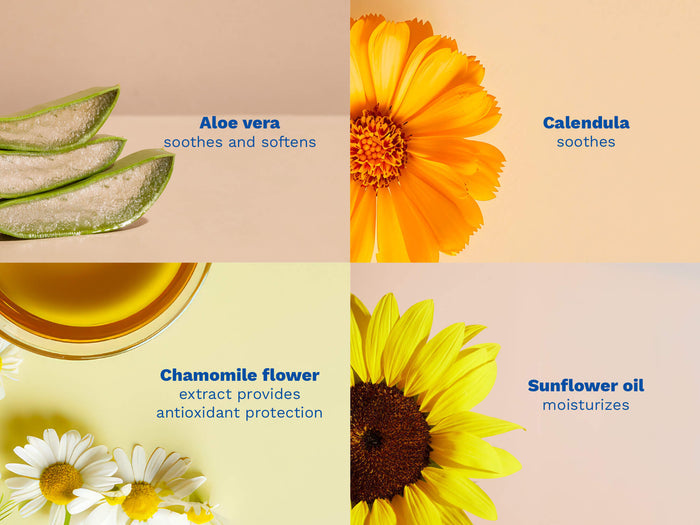Mustela USA | Four key natural ingredients in Mustela sunscreen: Aloe vera (soothes and softens), Calendula (soothes), Chamomile flower extract (provides antioxidant protection), and Sunflower oil (moisturizes), each illustrated with a close-up photo.