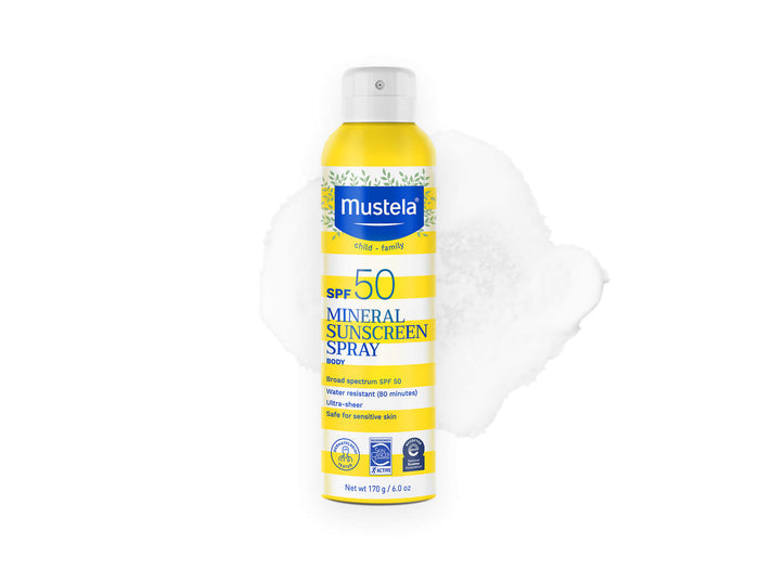 Mustela USA | Mustela SPF 50 Mineral Sunscreen Spray, 6 oz. Broad spectrum, water resistant up to 80 minutes, ultra-sheer, safe for sensitive skin.
