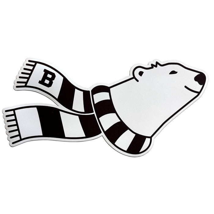 Flat magnet showing a polar bear wearing a striped scarf with a letter 'B' on a white background