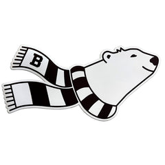 Flat magnet showing a polar bear wearing a striped scarf with a letter 'B' on a white background