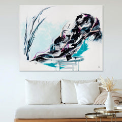 The artwork 'Spirited' by W Lu features dynamic abstract brushstrokes in black, turquoise, and pink on white canvas. Bold gestural movements create a flowing composition with dripping paint effects. The piece combines fluid, energetic strokes with delicate aqua undertones, expressing movement and energy through contemporary abstract expressionism. Acrylic on canvas, 48x58 inches.