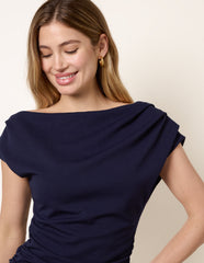 Scuba Crepe Off-Shoulder Ruched Midi Dress