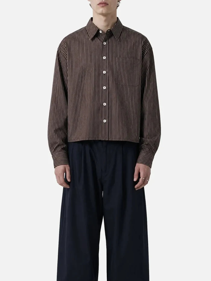 shopi go Sumida Boxy Shirt - Dark Brown & White – önden görünüm