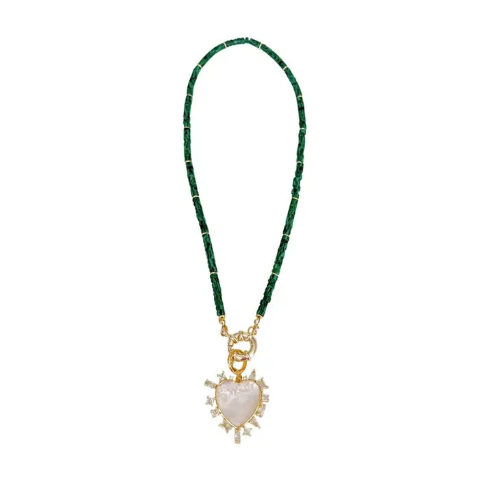 The Emmet Beaded Heart Charm Necklace-Green