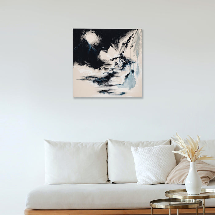 The artwork 'The Grey Lands' by W Lu features dramatic abstract brushstrokes in black and white with subtle blue undertones. Dynamic sweeping motions create a stormy celestial landscape, with a luminous orb emerging through misty clouds. The acrylic on canvas painting demonstrates bold expressionist techniques, creating an ethereal atmospheric effect in a 24x24 inch format by W Lu.