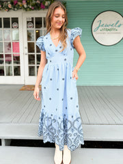 The Joliet Striped Eyelet Midi Dress-Blue