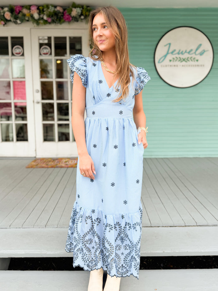The Joliet Striped Eyelet Midi Dress-Blue