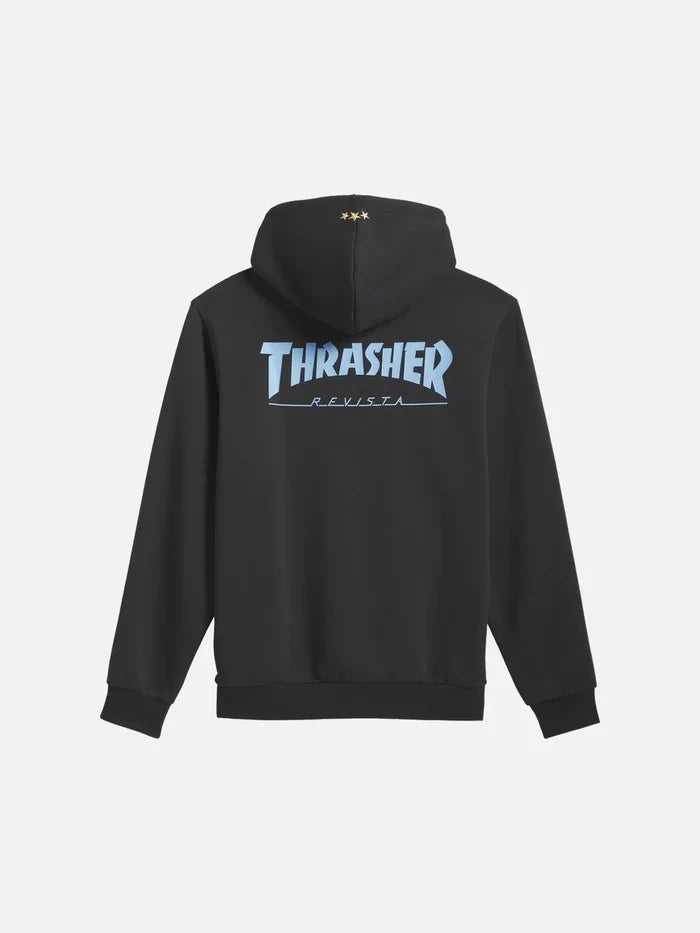 ADIDAS ORIGINALS Thrasher x AFA Argentina Hoodie – siyah, arka görünümde mavi THRASHER yazısı