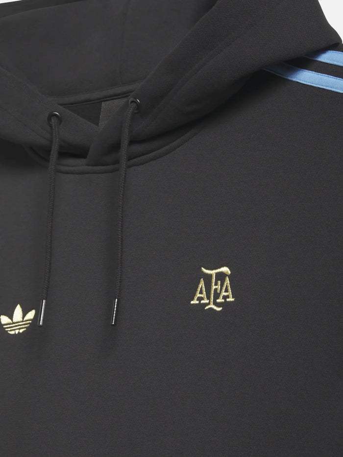 ADIDAS ORIGINALS Thrasher x AFA Argentina Hoodie – siyah, önden görünüm; kapşon ve bağcıklar, altın AFA ve Adidas logoları