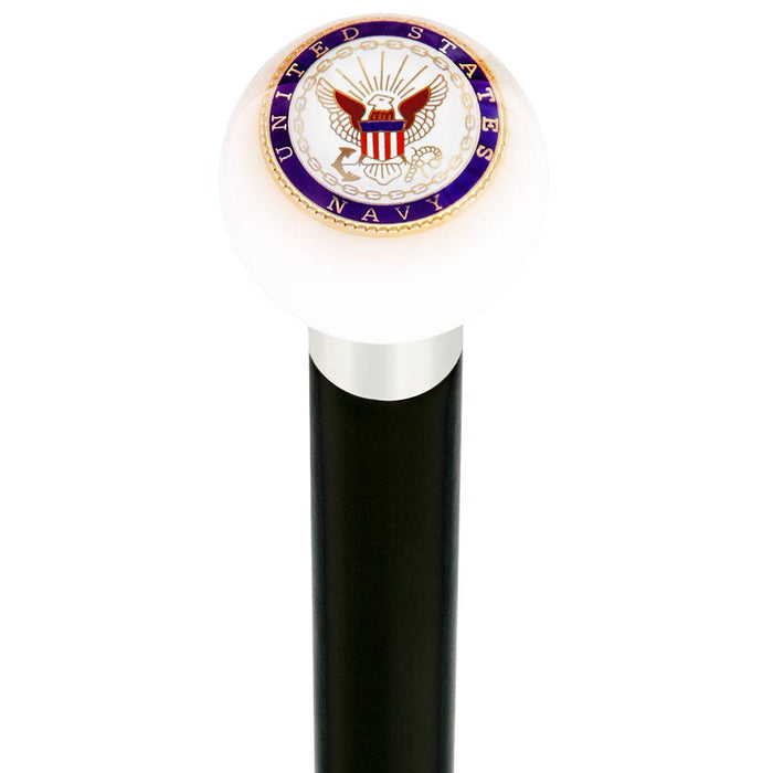 Royal Canes U.S. Navy White Round Knob Cane w/ Custom Wood Shaft & Collar