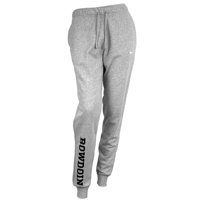 Women's grey fleece sweatpants with black BOWDOIN imprint on lower right leg.