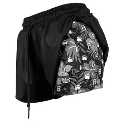 Black shorts with lining featuring a floral pattern and brand logo on a white background