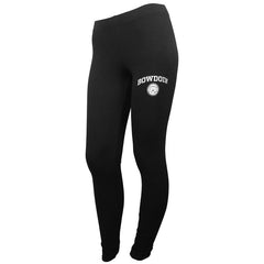 Women's black leggings with white arched BOWDOIN over mascot medallion imprint on left thigh.